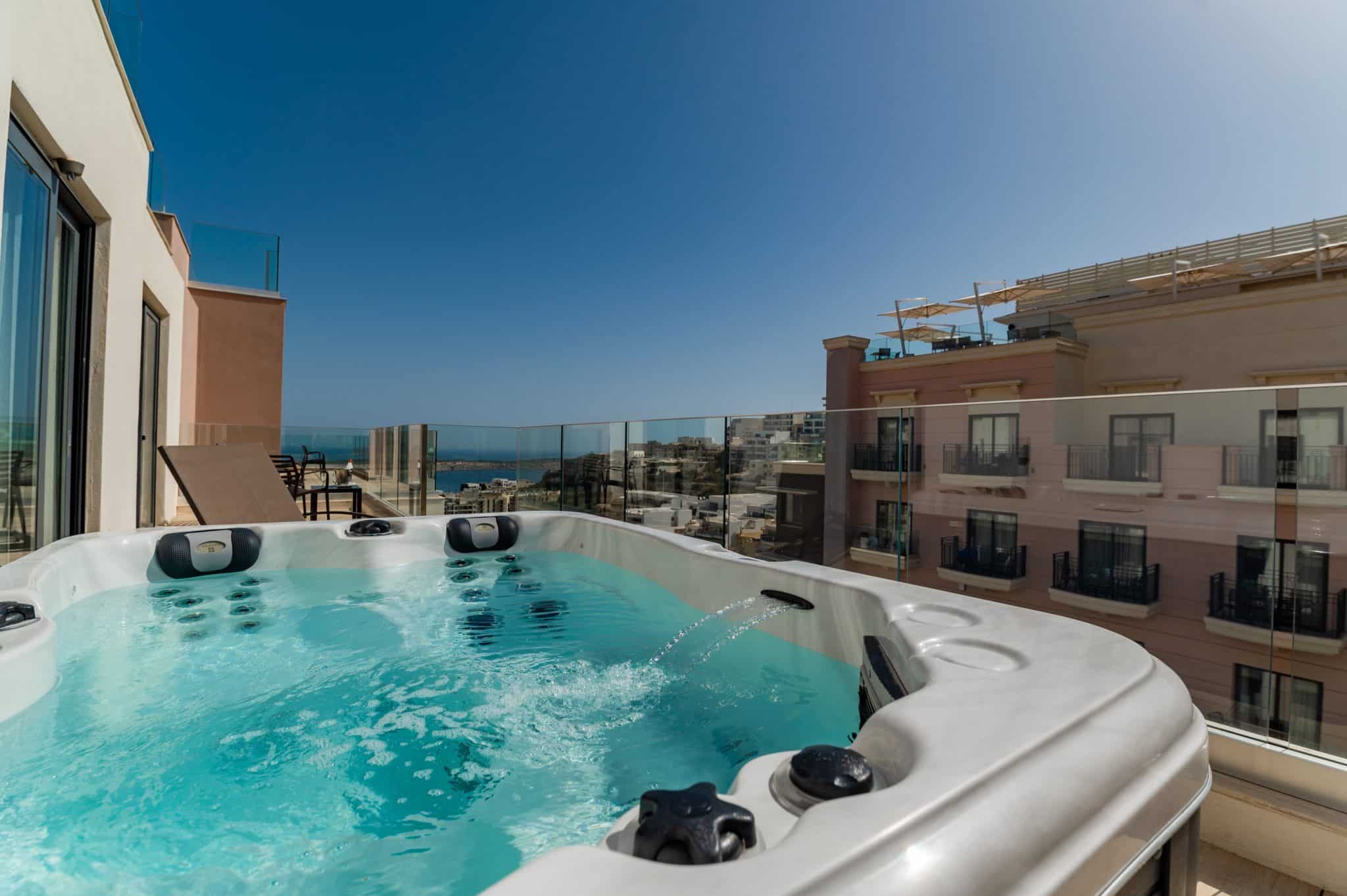 Town view room with jacuzzi overlooking Mellieha, Mellieha Bay
